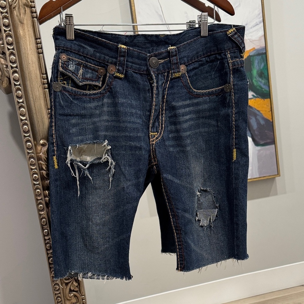 True Religion Men's Distressed Dark Blue Jean Shorts